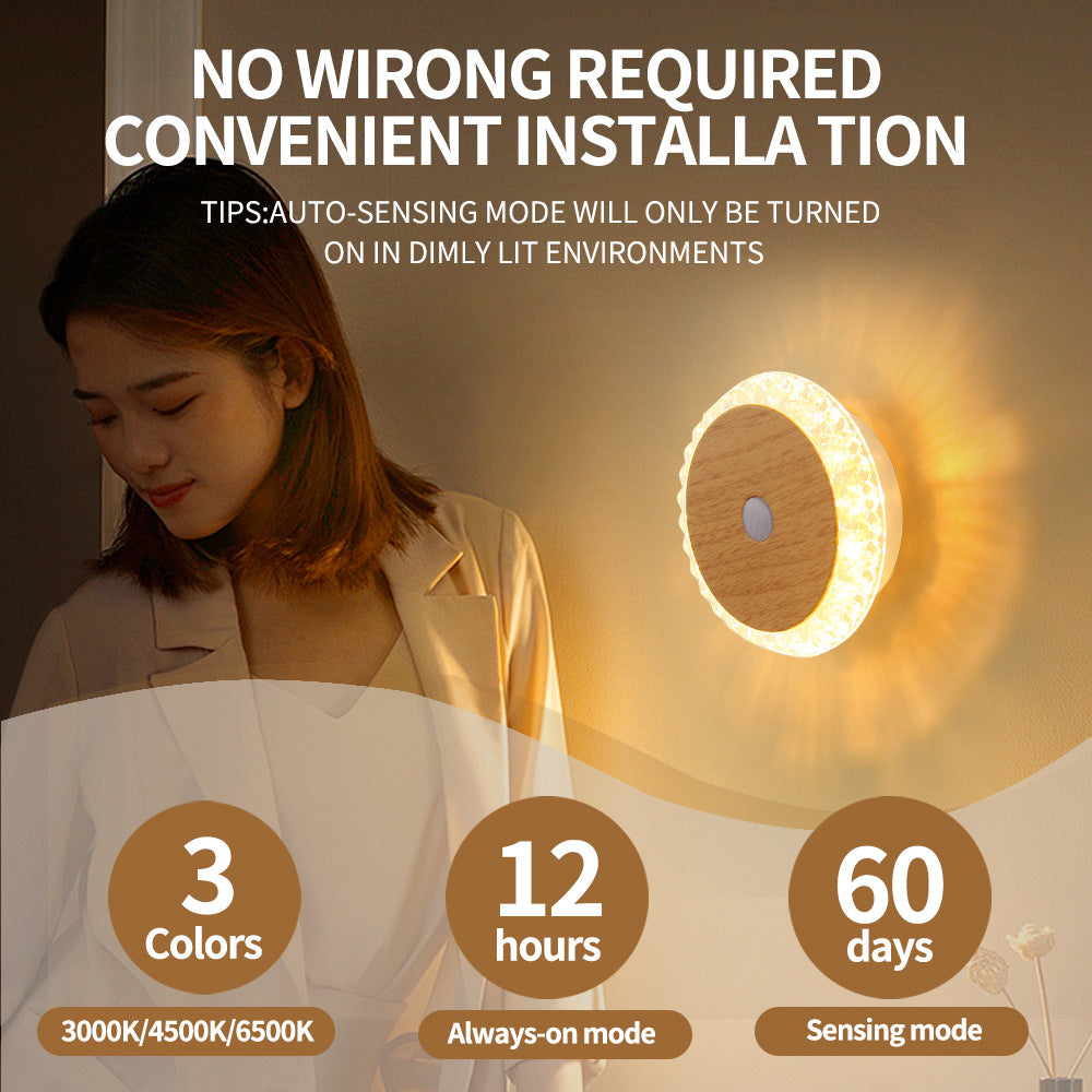 Smart Rechargeable Motion-sensor Wall Light Bedside Night Light illuminating a dimly lit room with a modern design.