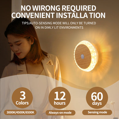Smart Rechargeable Motion-sensor Wall Light Bedside Night Light illuminating a dimly lit room with a modern design.
