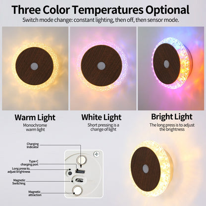 Smart Rechargeable Motion-sensor Wall Light Bedside Night Light showing three color temperature options: warm, white, and bright light.