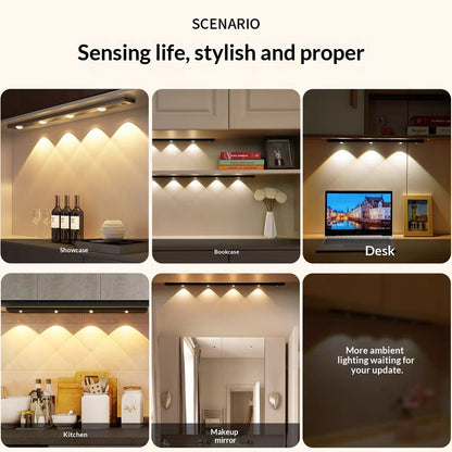 Smart LED Motion-sensor Light Strip For Cabinets displayed in various settings like showcase, desk, and kitchen.