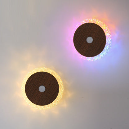 Smart Rechargeable Motion-sensor Wall Light Bedside Night Light in warm and cool colors with wooden accents.