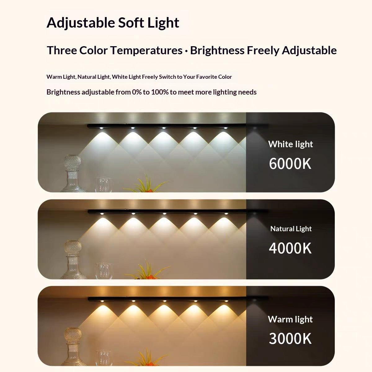 Smart LED Motion-sensor Light Strip For Cabinets showcasing adjustable soft light with three color temperatures.