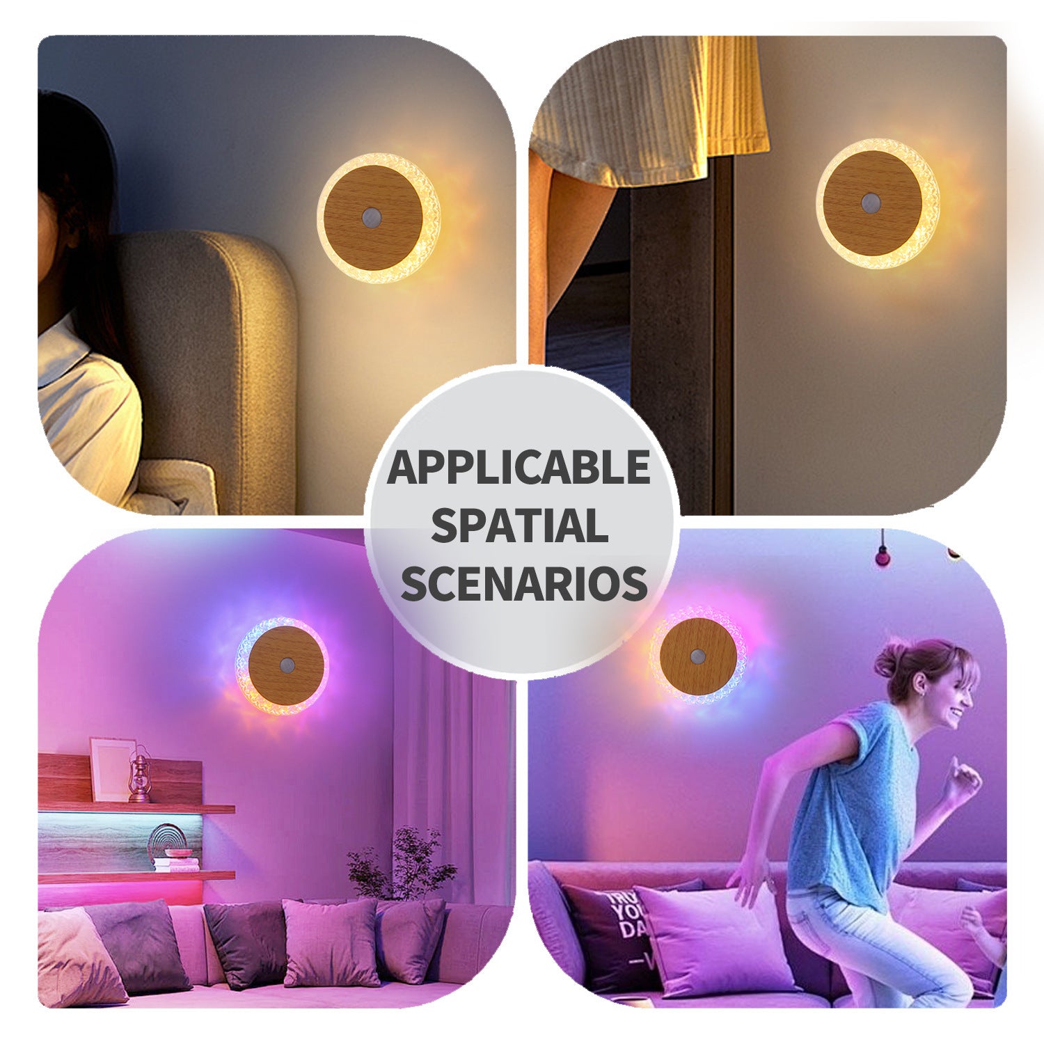 Smart Rechargeable Motion-sensor Wall Light Bedside Night Light in various spatial scenarios with modern design.